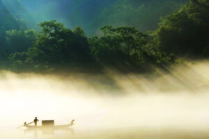 fisherman on the misty lake 4k 1540132121