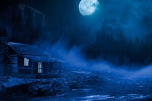 house night full moon fantasy lake flowing on side 5k 1540751656