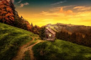 house on mountains art 4k 1540748491