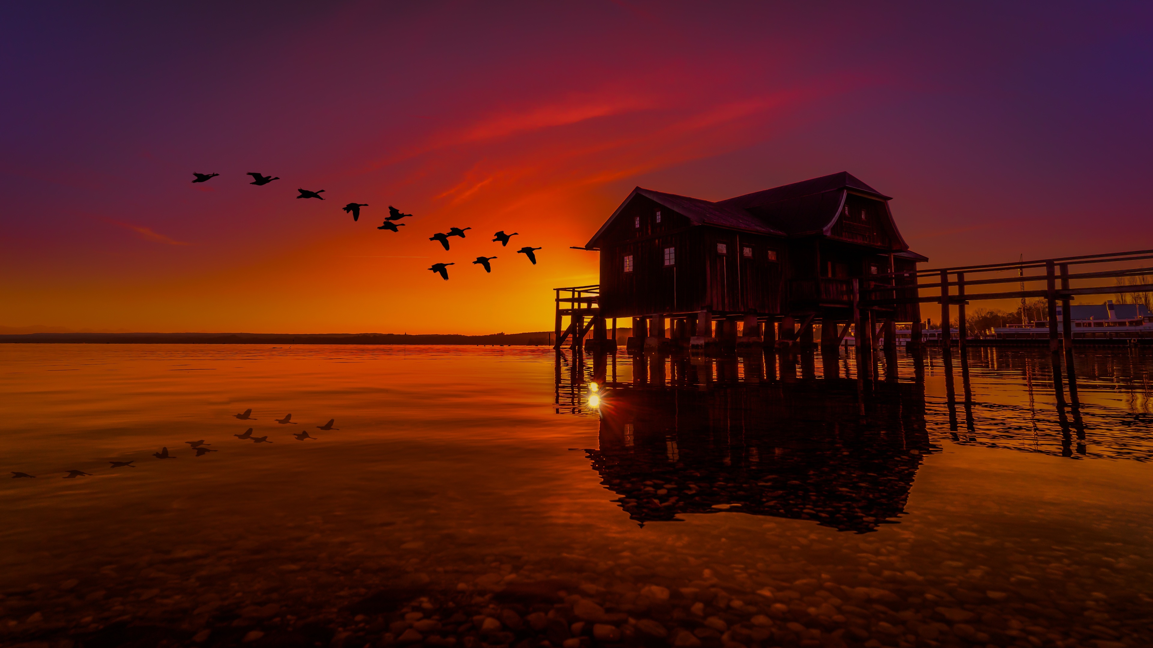 lake house on pier birds flying sunset scenery 4k 1540135096