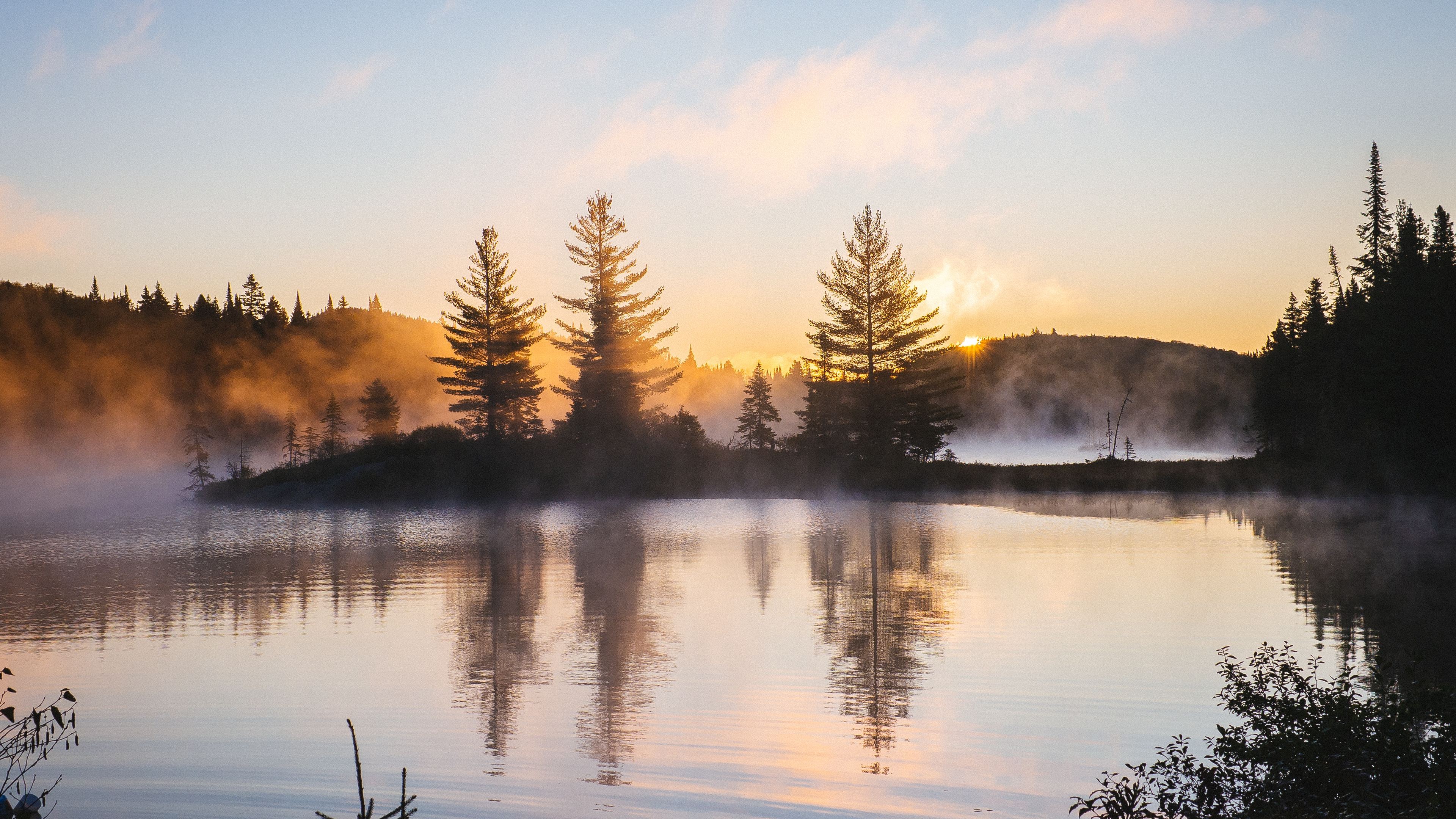 lake reflection morning mist trees nature hd 4k 1540142486