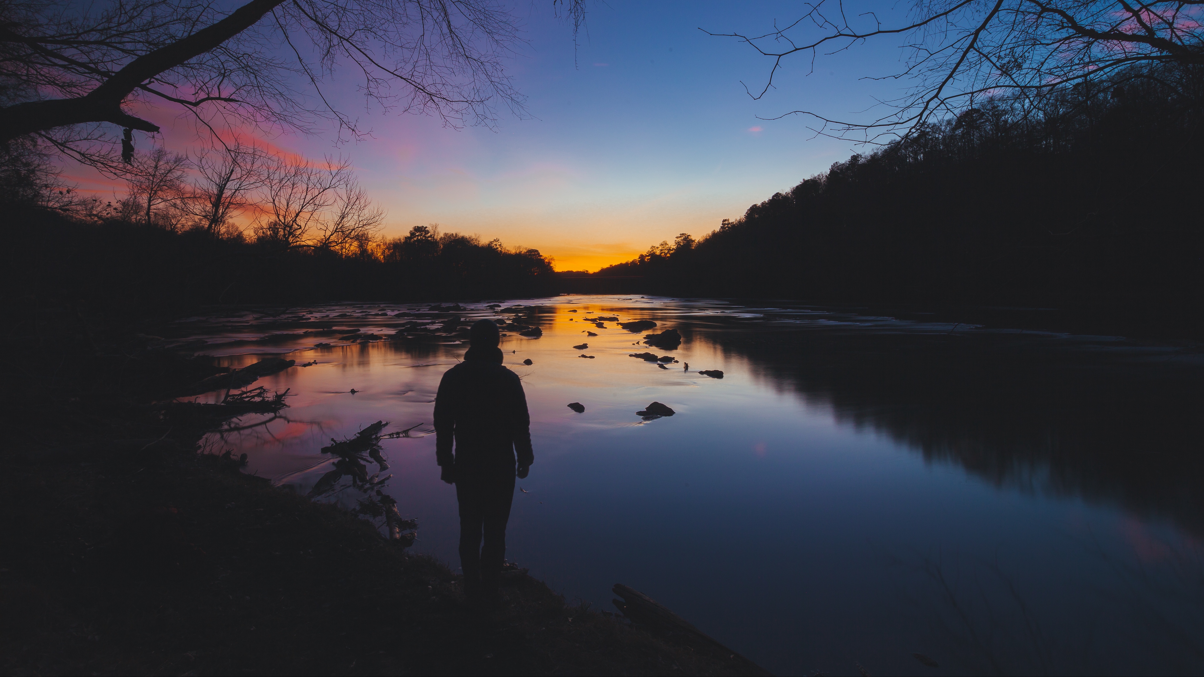 man silhouette river trees sky solitude harmony 4k 1540576259