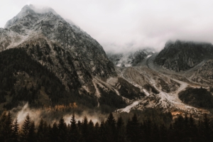 mountains peak landscape rocks snow trees 4k 1540142867