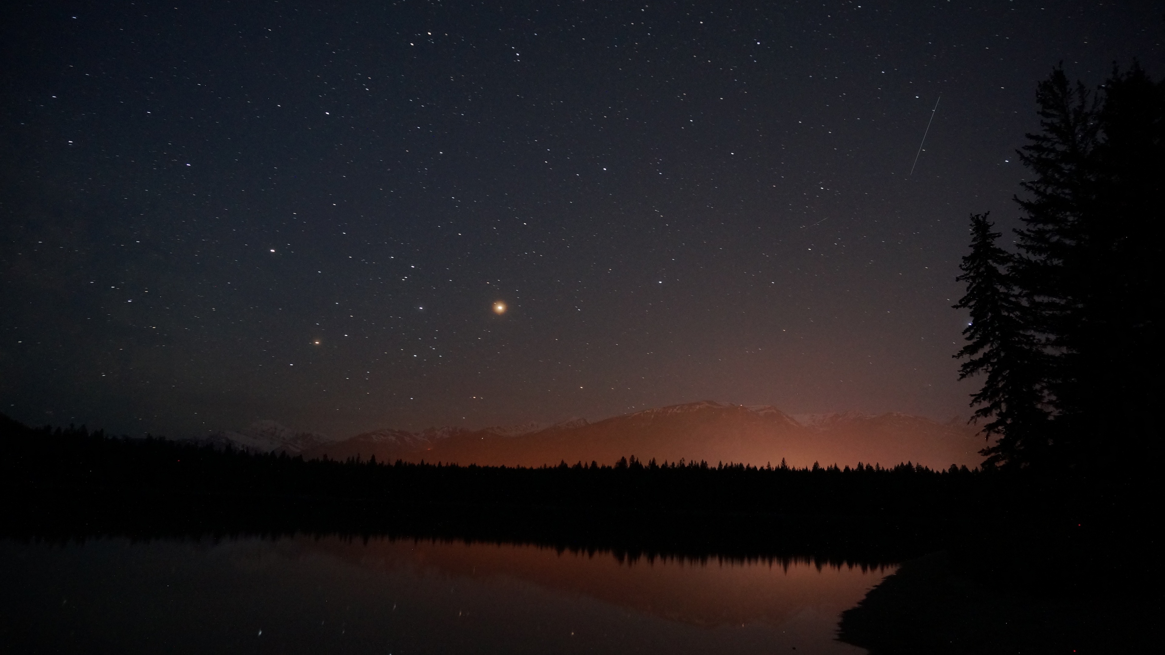 mountains stars dawn time trees reflection in water 4k 1540136463