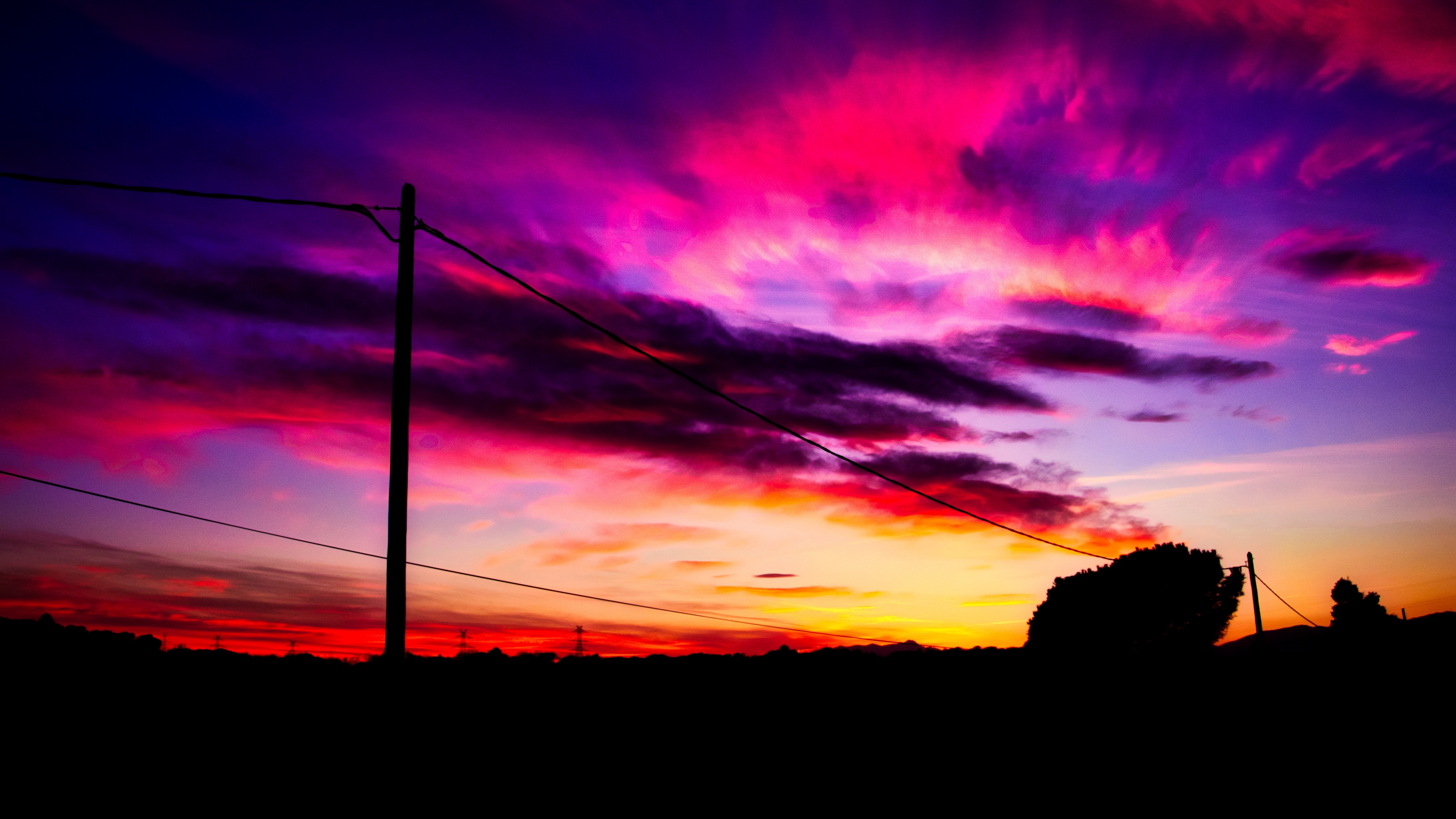 post wires sunset sky clouds 4k 1540576278