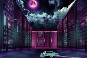 retrowave car going through city moon 1540752886