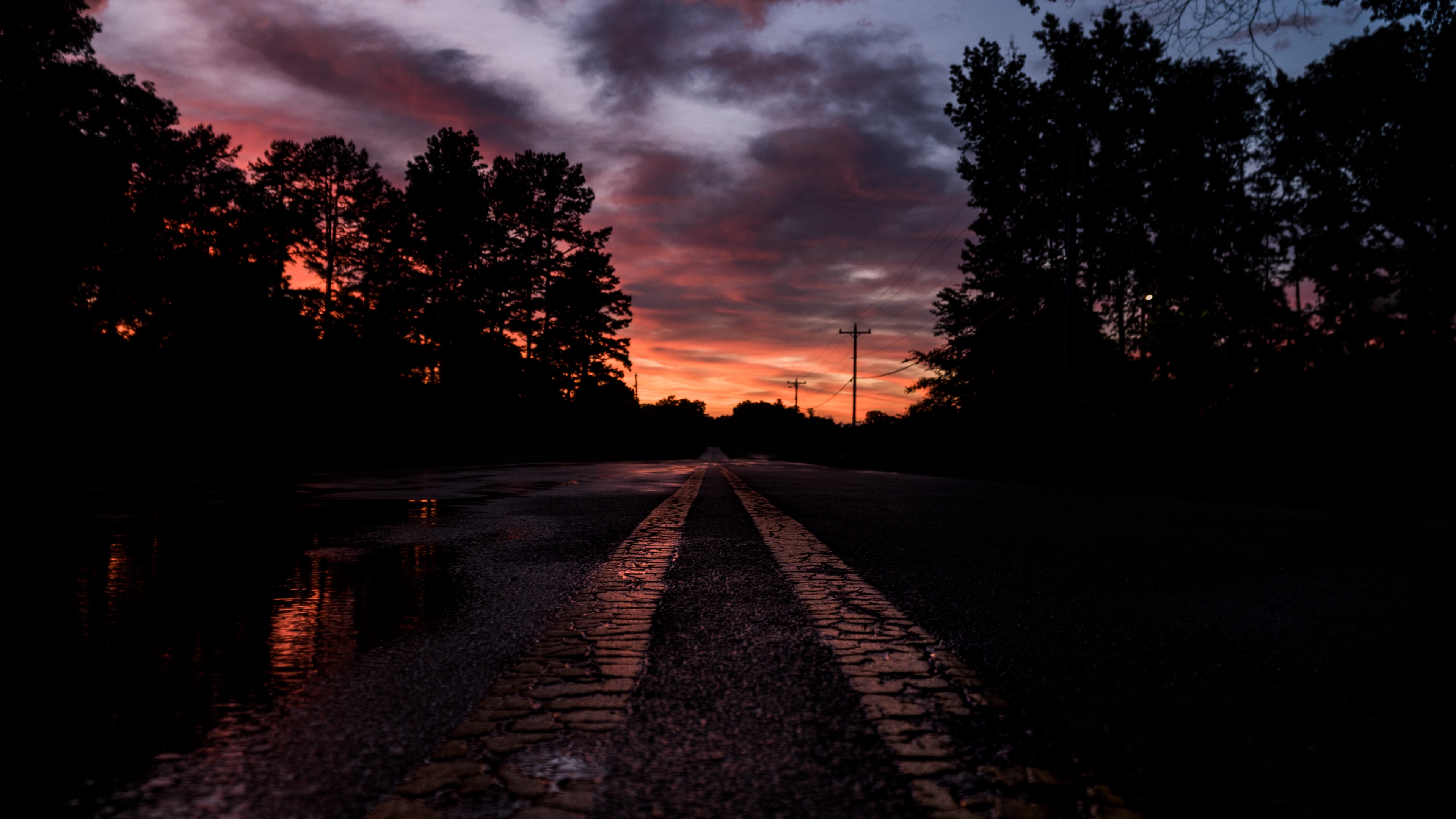 road sunset marking trees 4k 1540576312