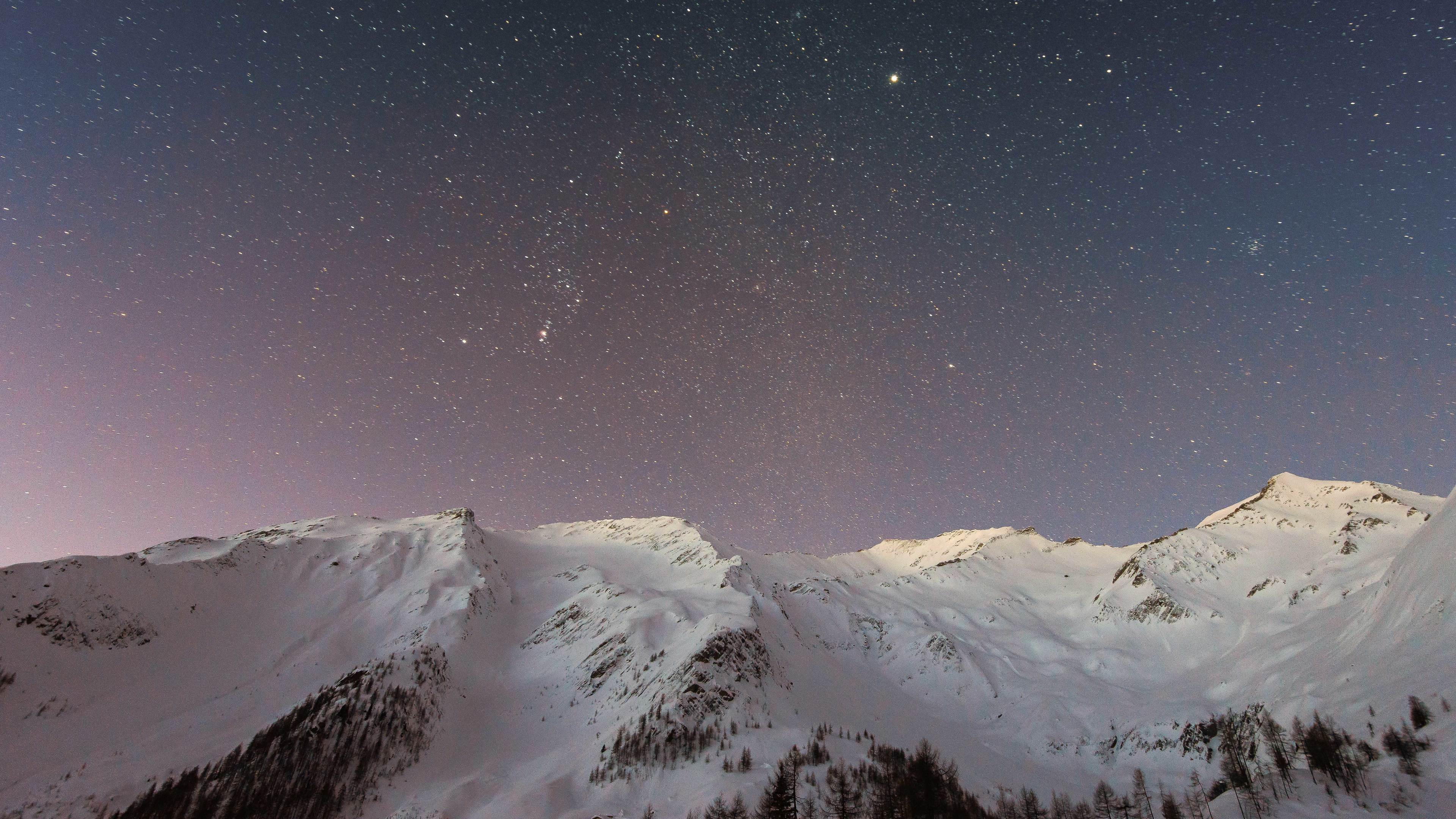 snow sky stars trees 4k 1540133803