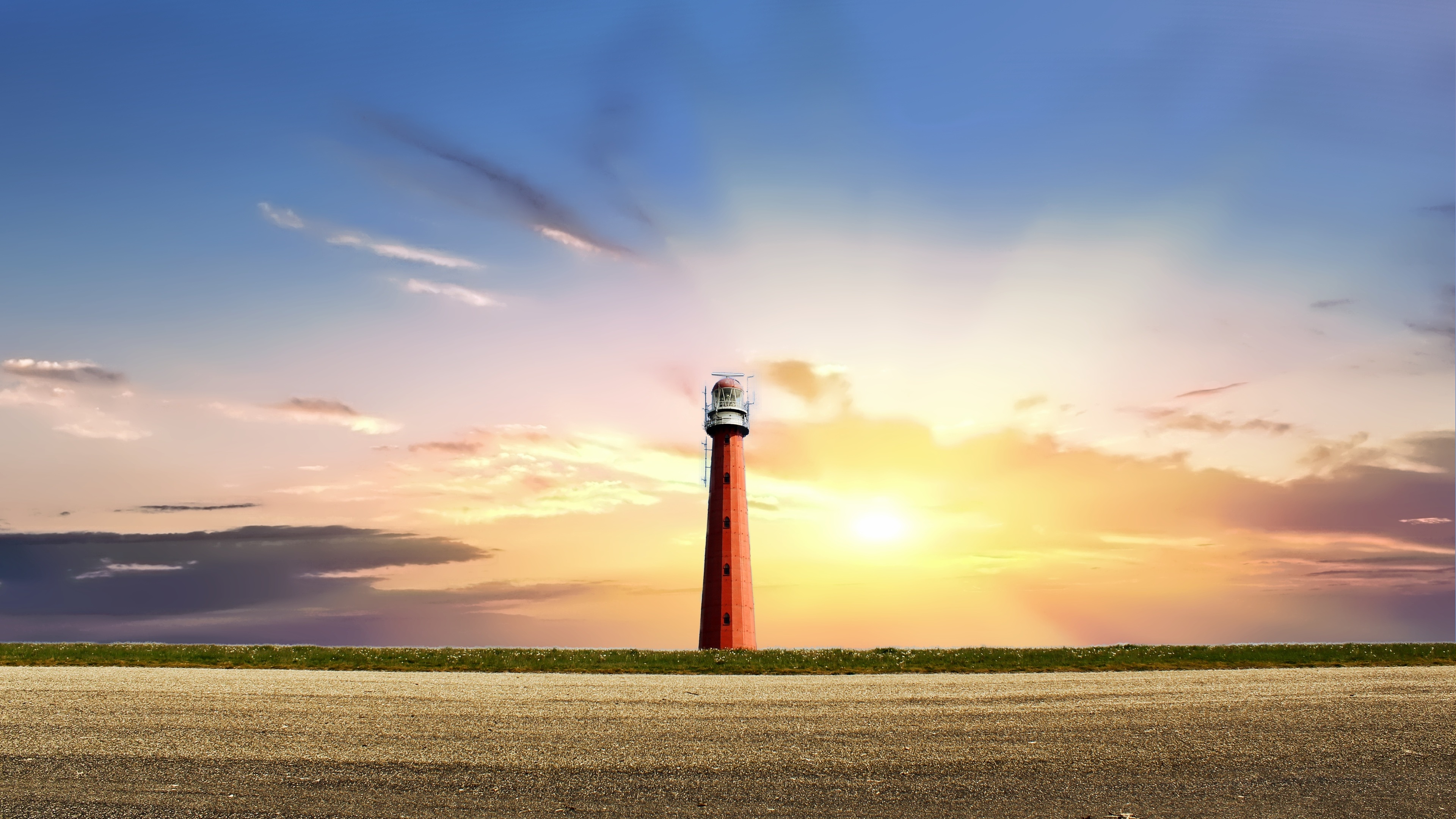 sun lighthouse sky clouds 4k 1540134323