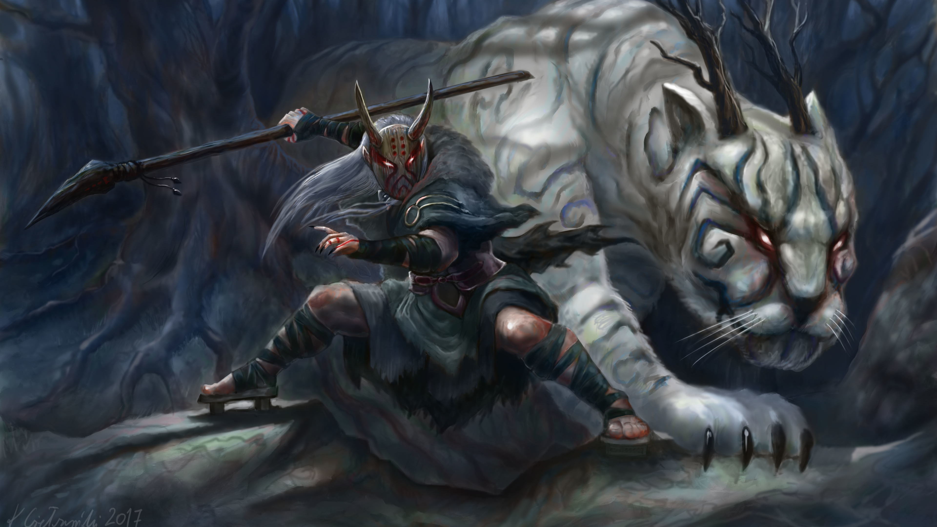 white demon tiger with his warrior 4k 1540756154