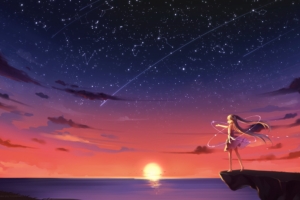 anime girl barefoot blonde sky stars sunset 4k 1541973954