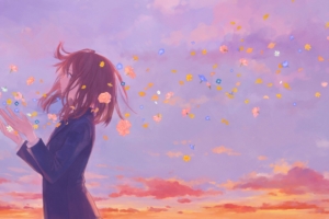 anime girl school uniform flowers clouds 4k 1541974009