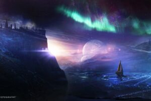 boat planet northern lights art night 4k 1541971169