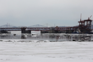 bridge river buildings snow 4k 1541113999