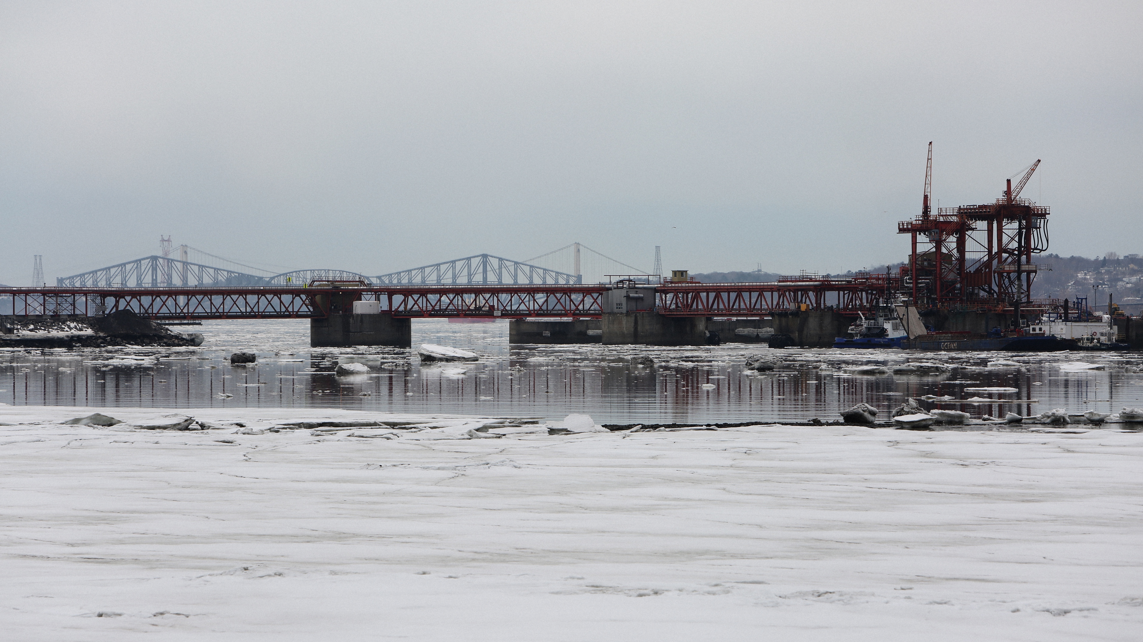 bridge river buildings snow 4k 1541113999