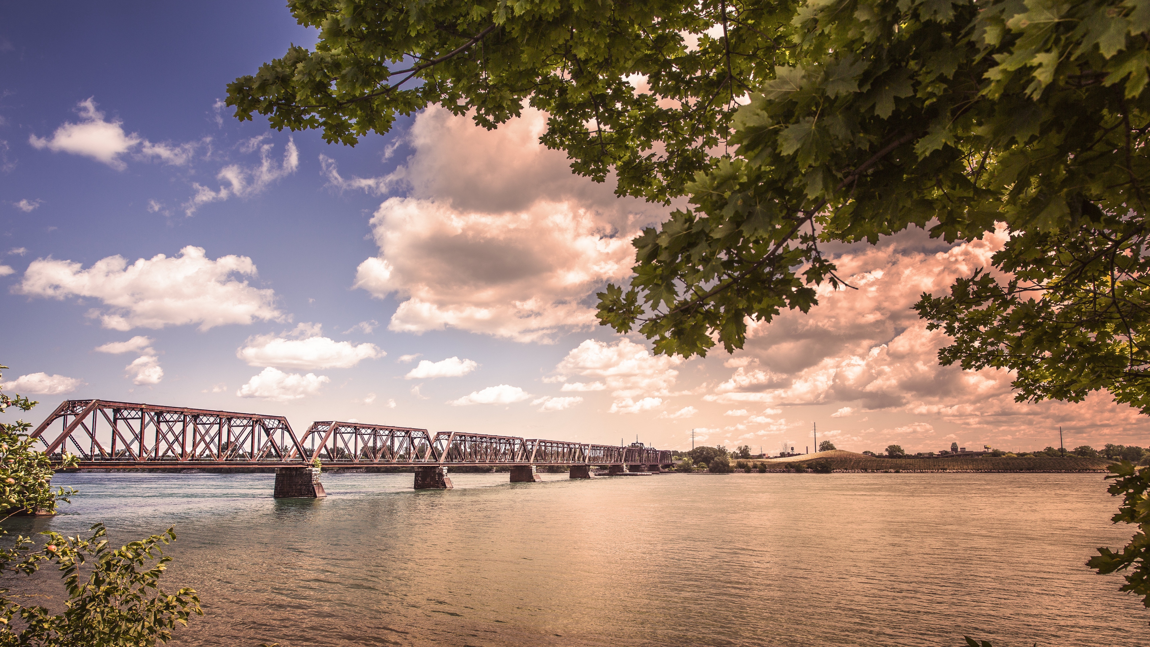 bridge river sky trees 4k 1541117536