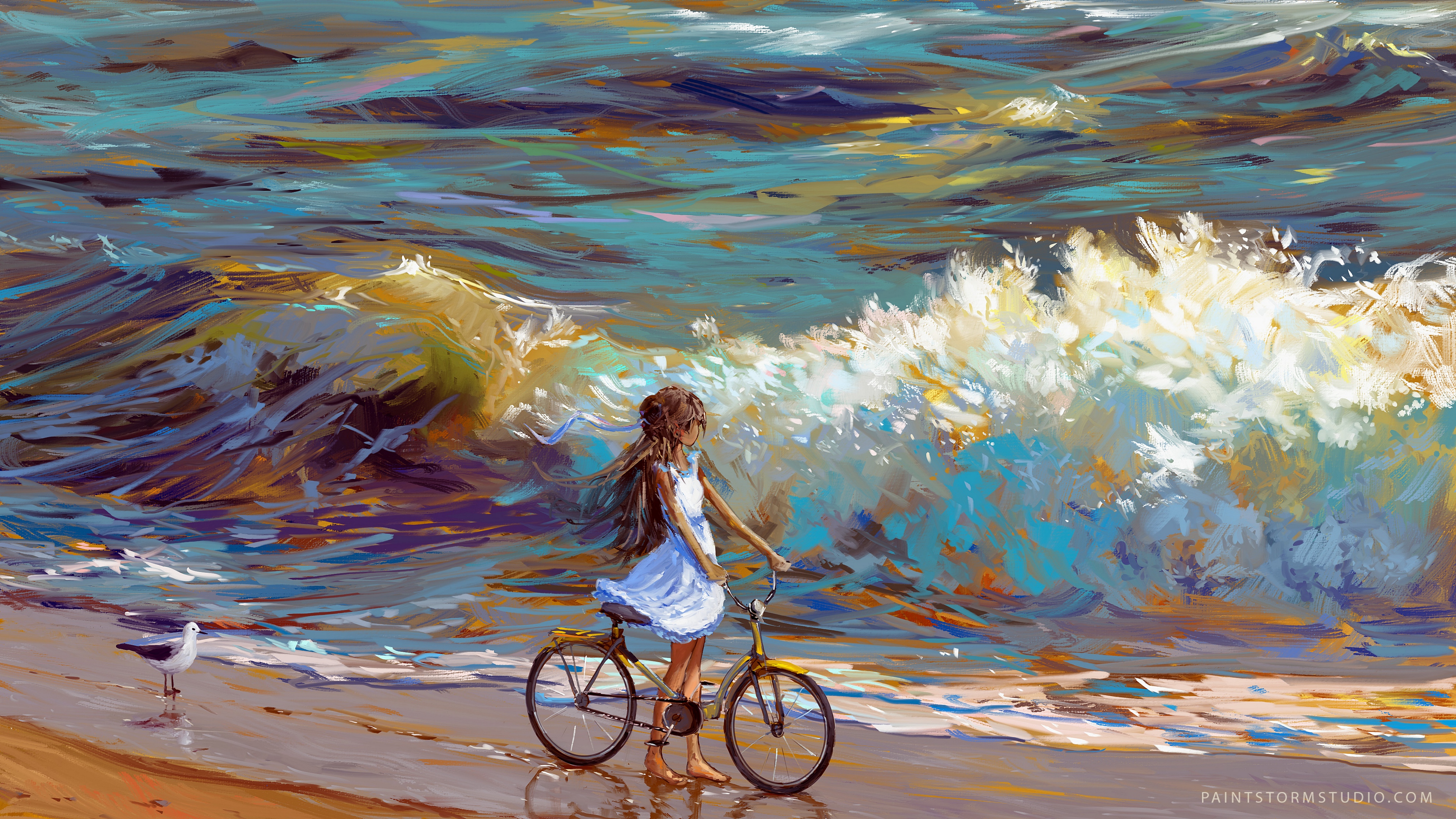 cyclist bicycle child art sea shore 4k 1541971592