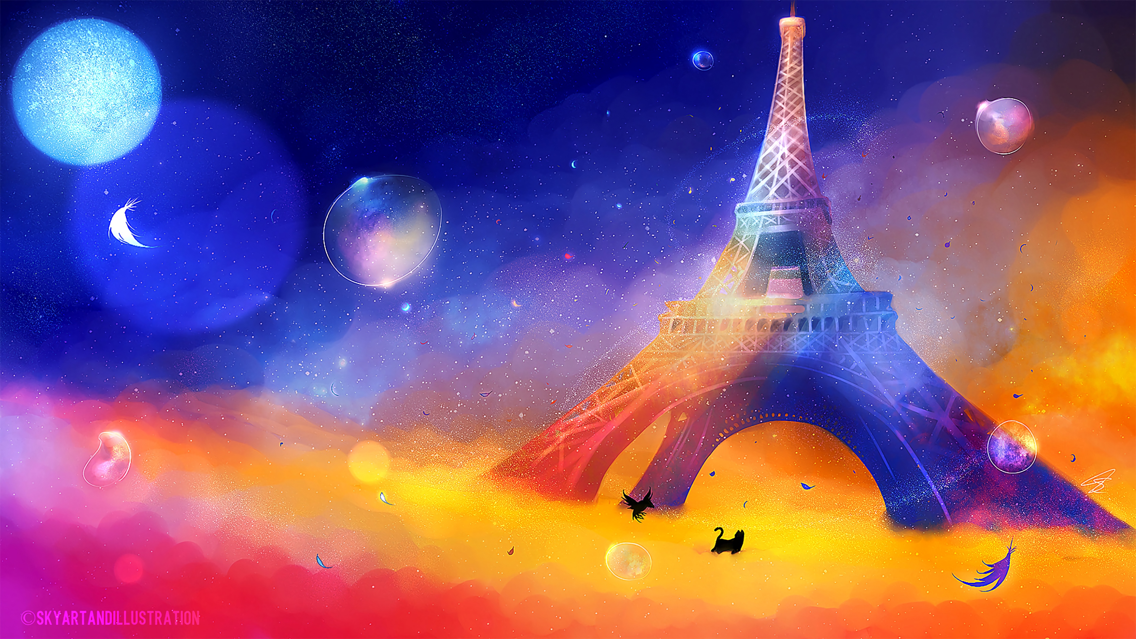 eiffel tower art cat bird colorful 4k 1541971590