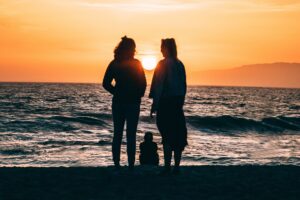 family silhouettes sea shore sunset 4k 1541115186