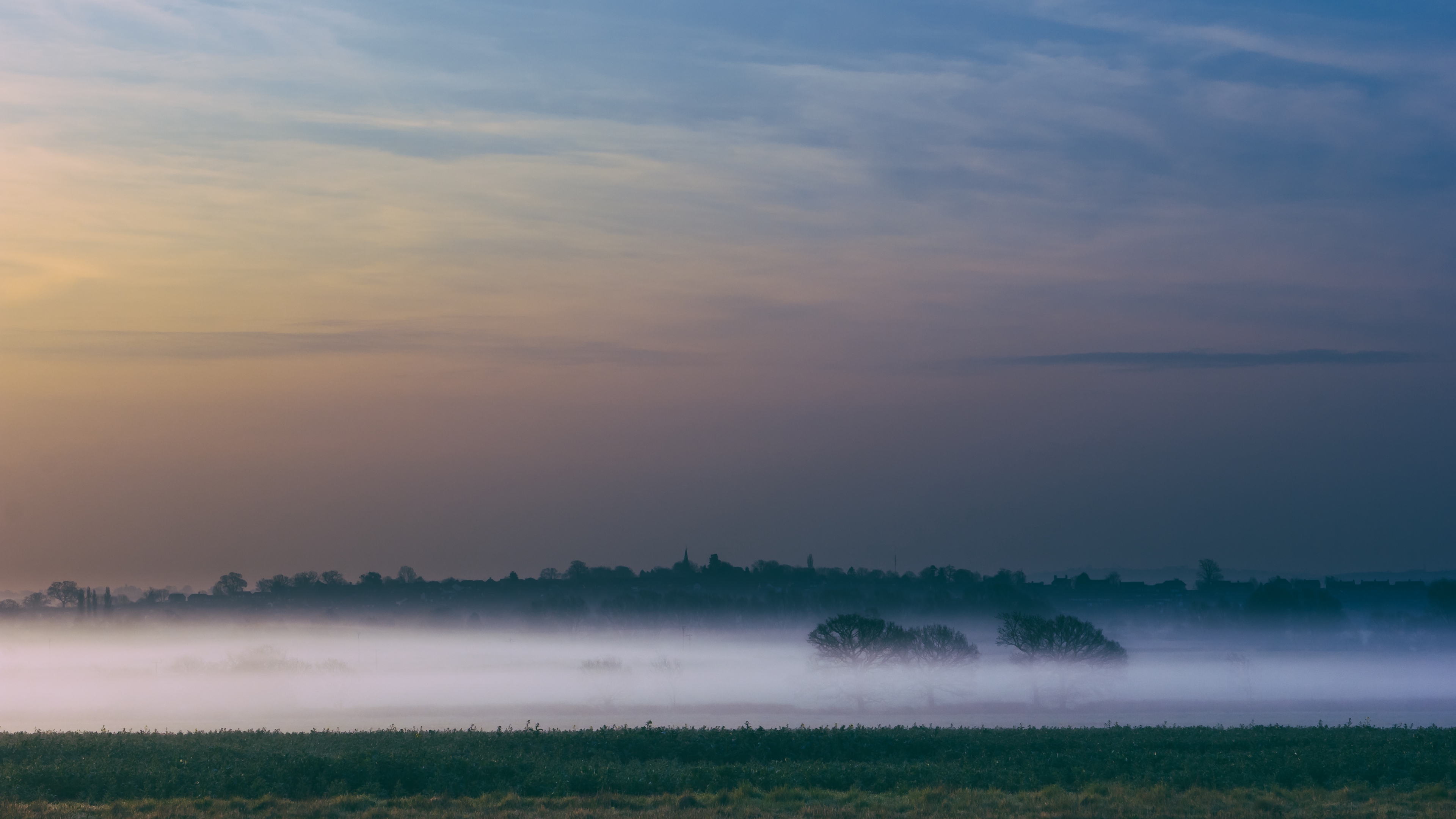 fog field sunrise trees sky 4k 1541115532