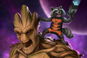 groot and rocket raccoon artwork 4k 1541294363