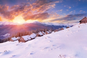 houses snow slope mountain sunset sun evening light wood 4k 1541117565