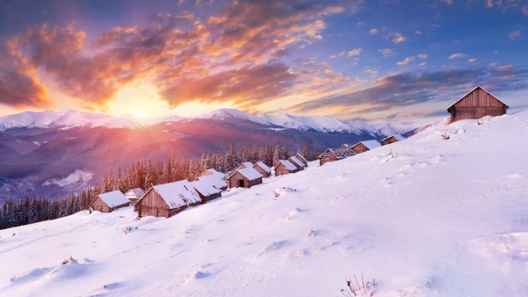 houses, snow, slope, mountain, sunset, sun, evening, light, wood 4k