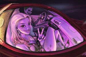 joker and harley quinn in the car artwork 4k 1543620043