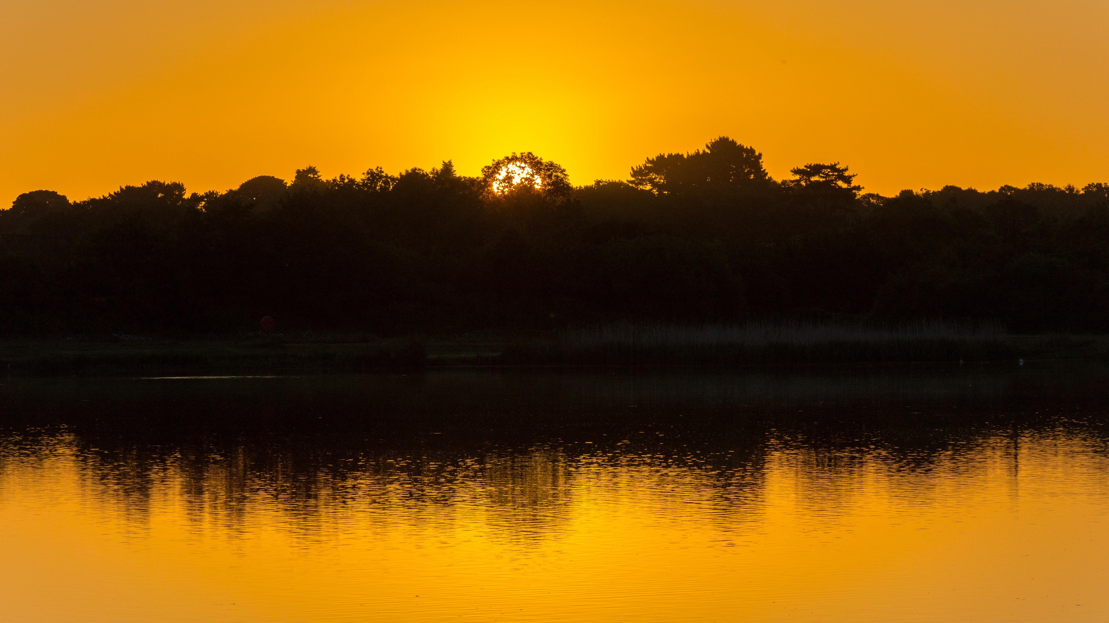 lake trees sunset reflection sky ripples 4k 1541117264