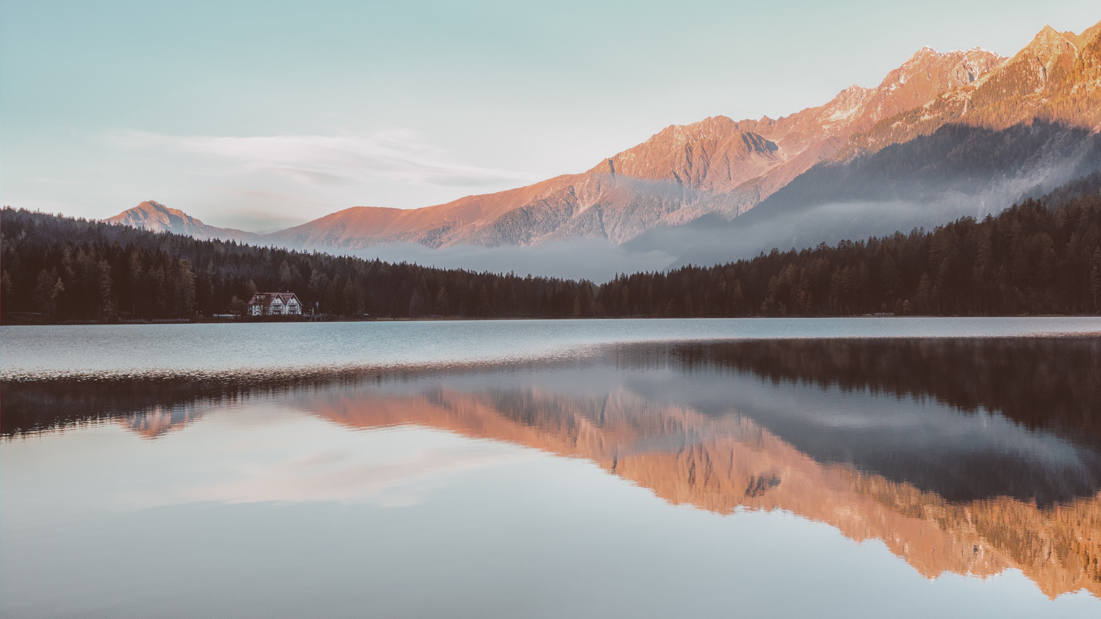 mountains house lake reflection 4k 1541116627