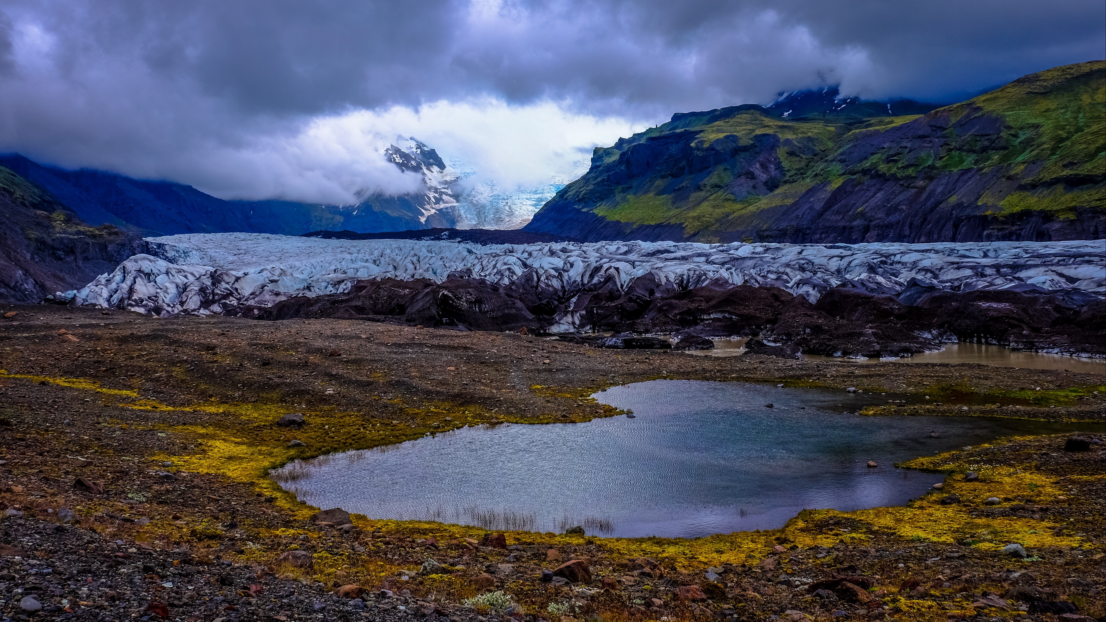 mountains lake clouds snow 4k 1541117772