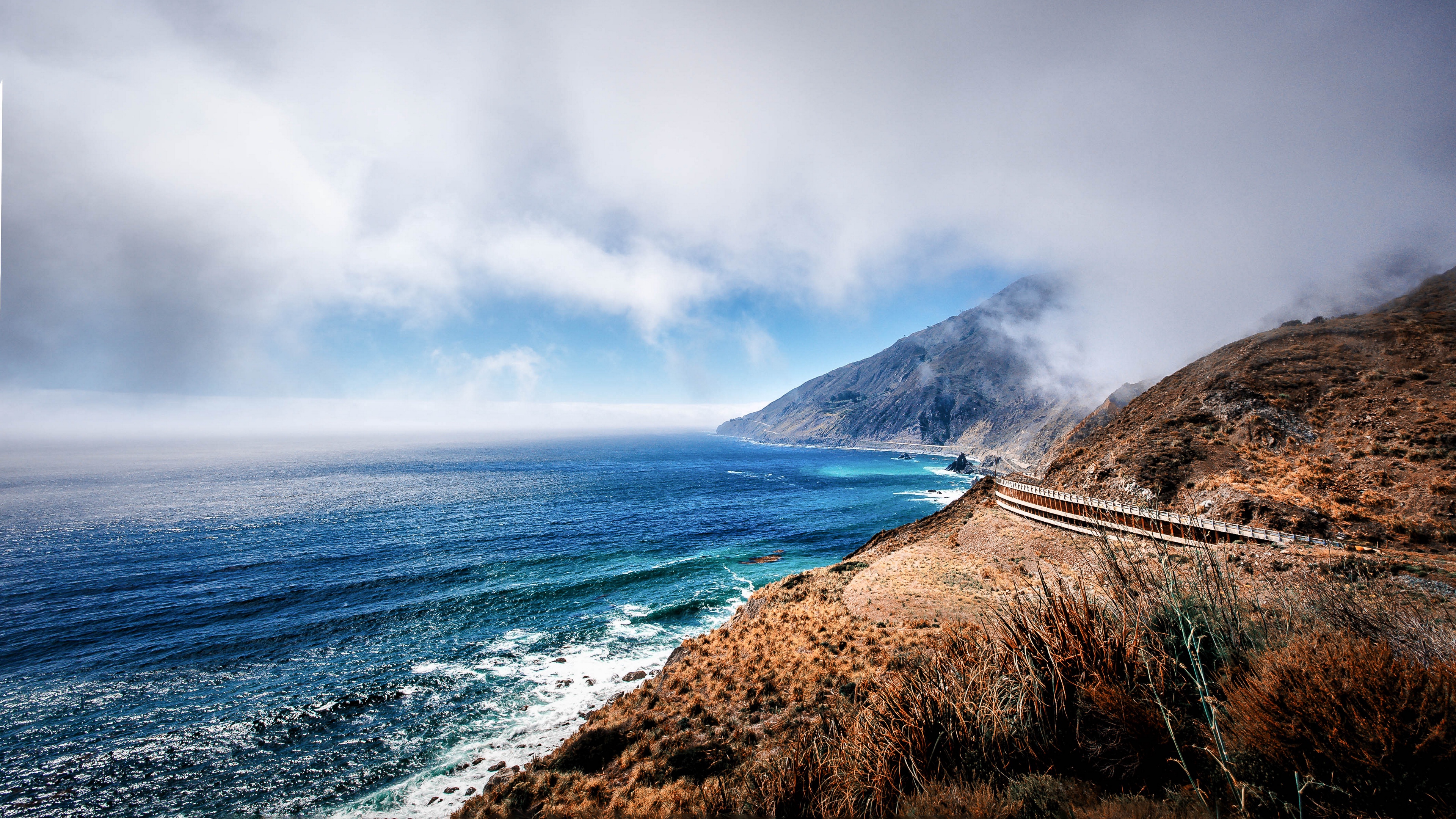 mountains ocean fog coast california bay 4k 1541116873