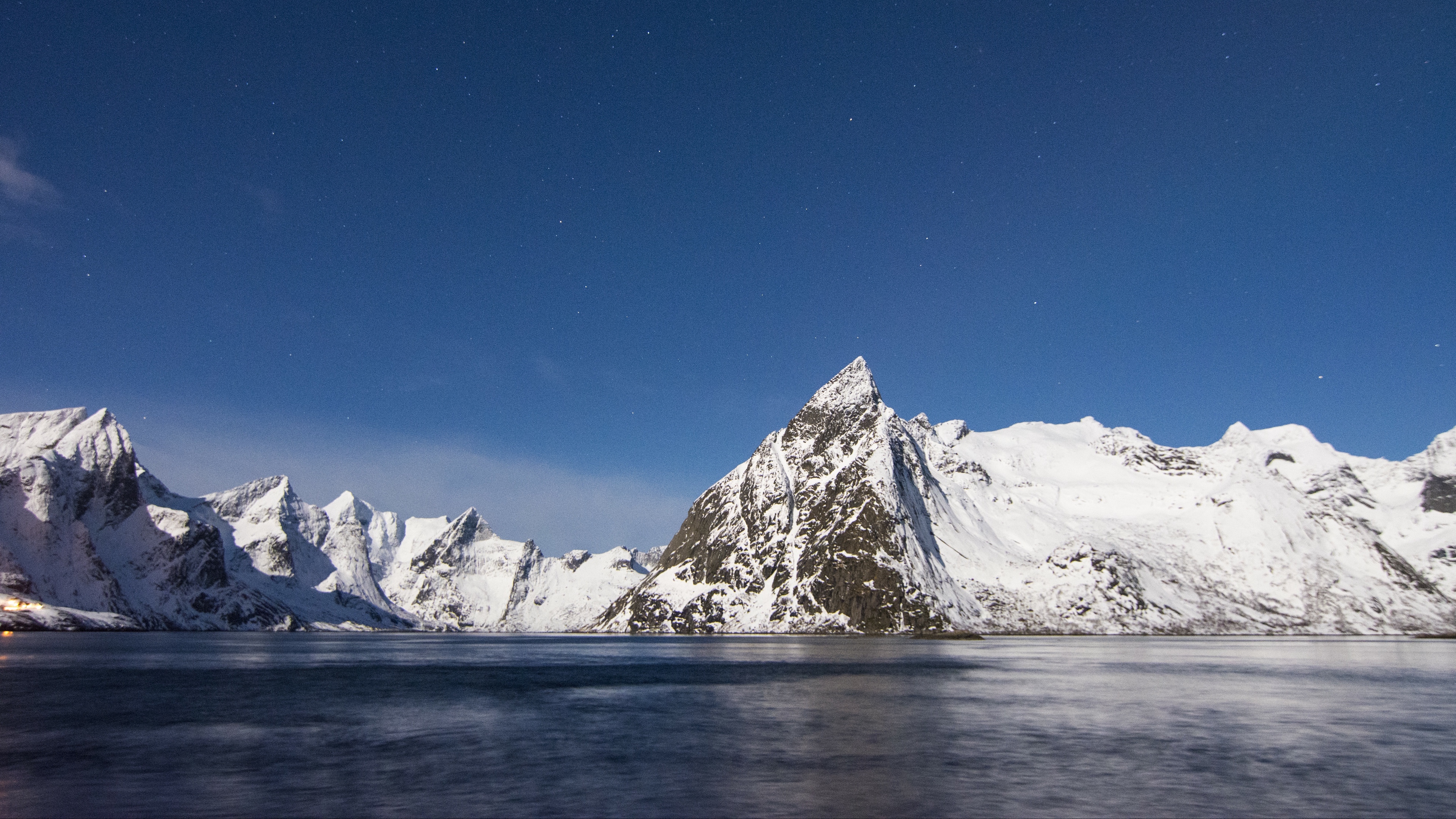 mountains peaks snow sky lake 4k 1541117883