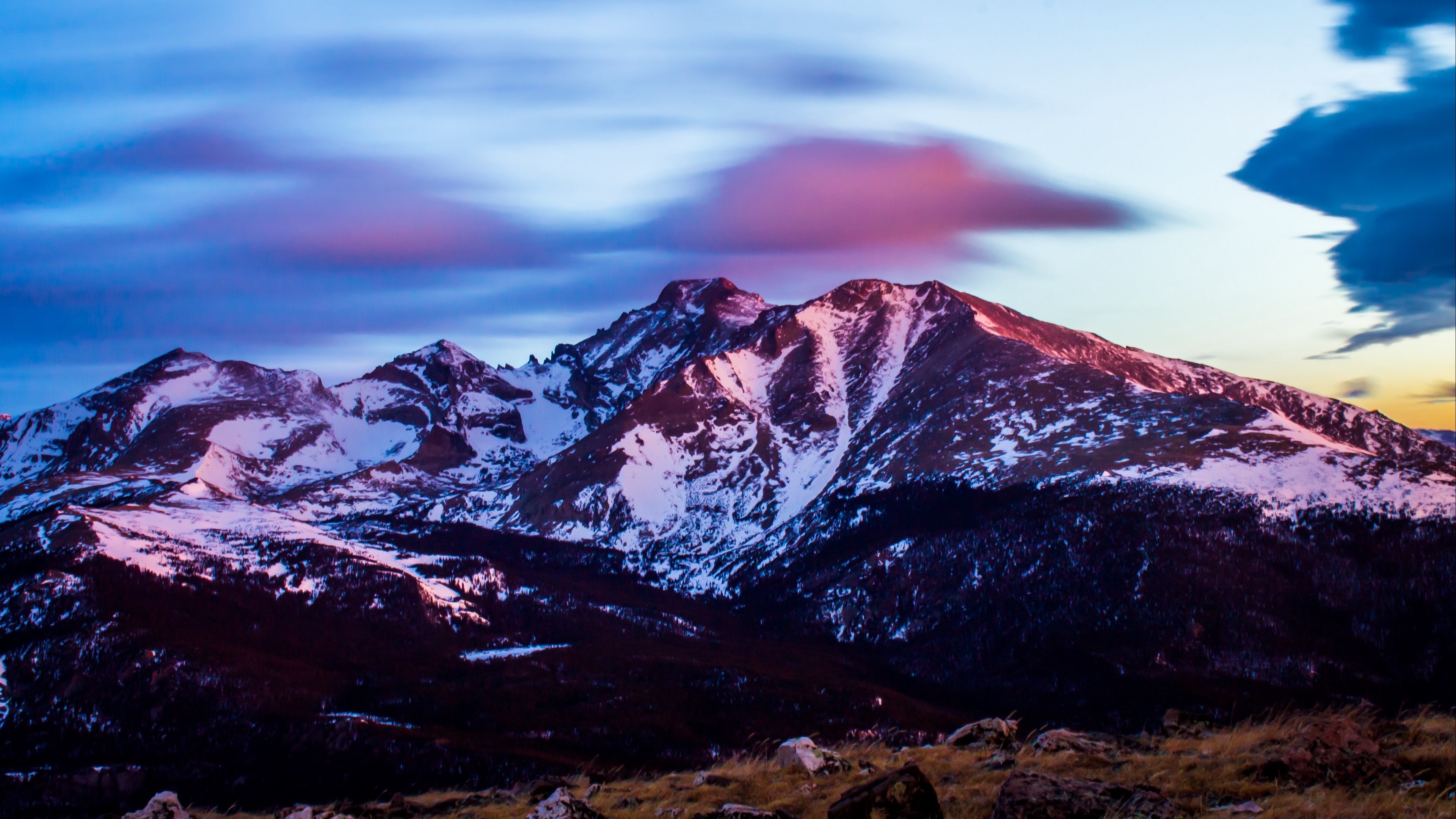 mountains peaks snow sunset 4k 1541116366