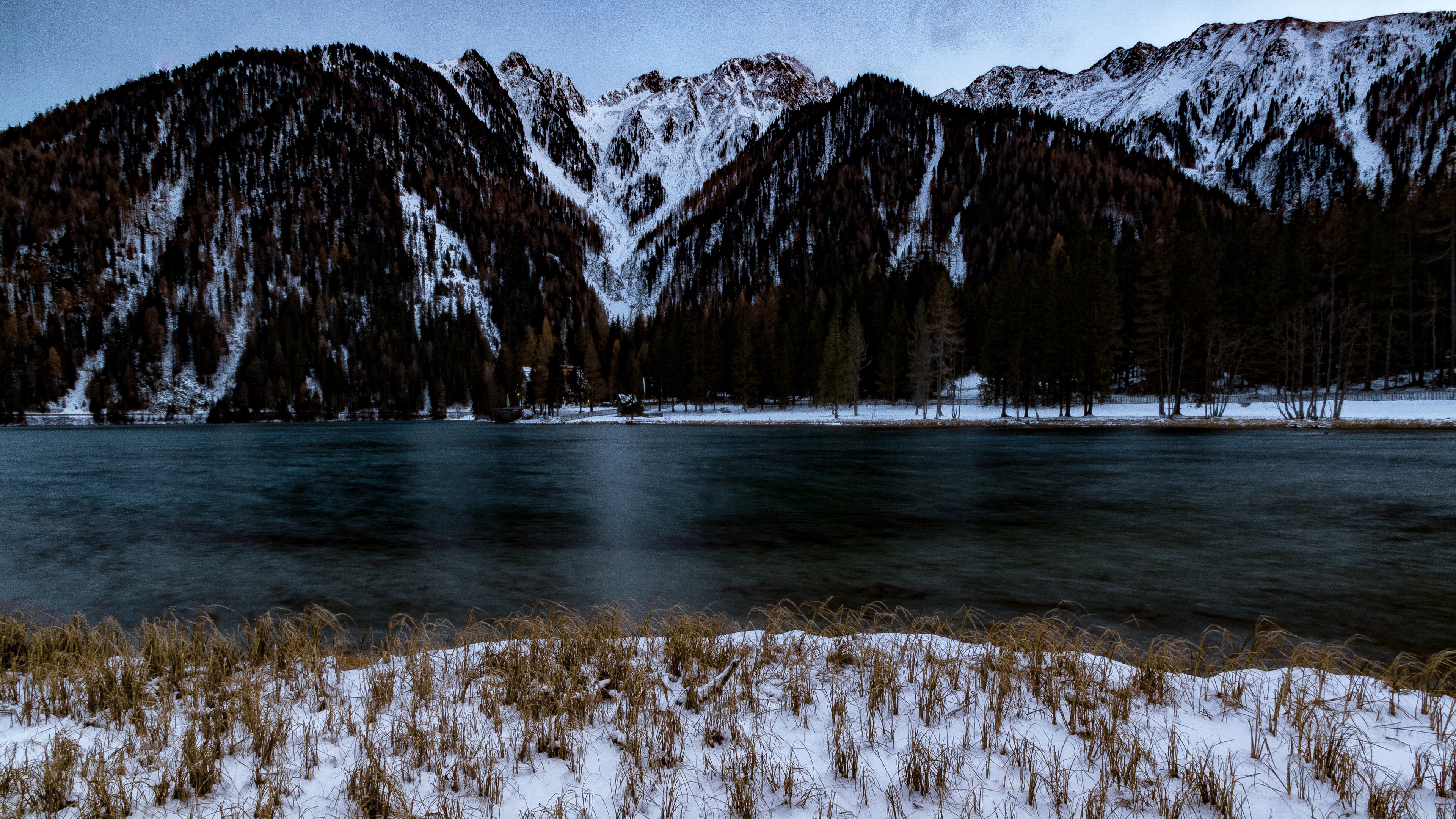 mountains snow shore winter 4k 1541115902