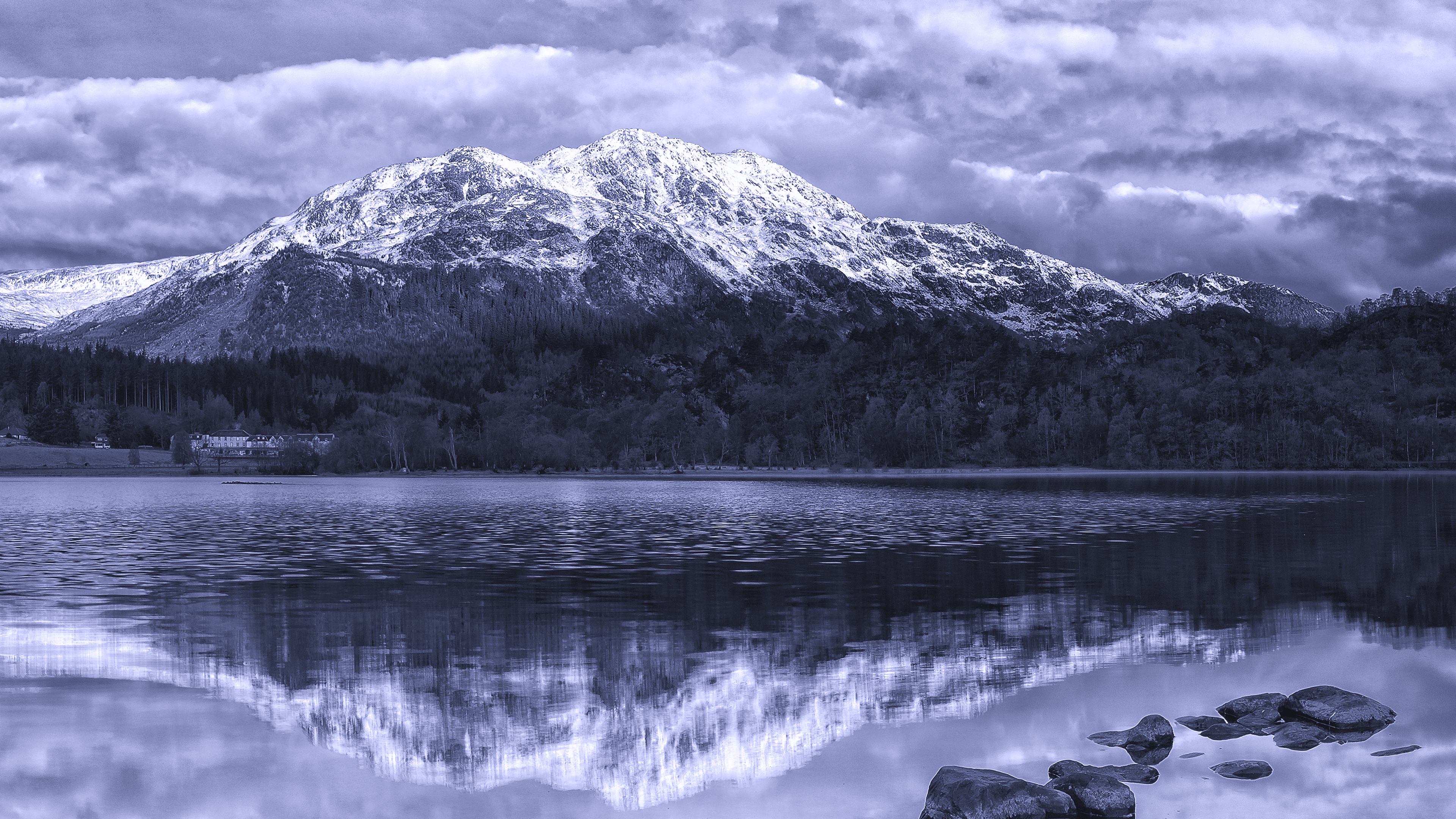 mountains stones sea scotland ben venue achray forest black and white bw 4k 1541116825