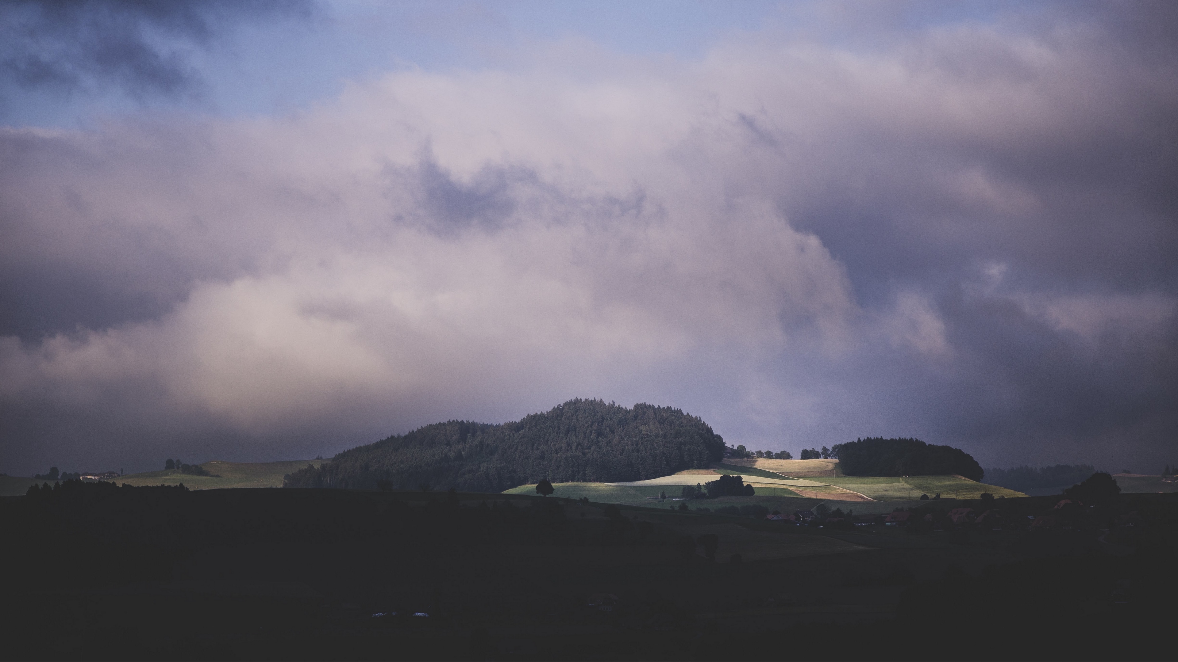 nature mountains field trees sky clouds 4k 1541116157