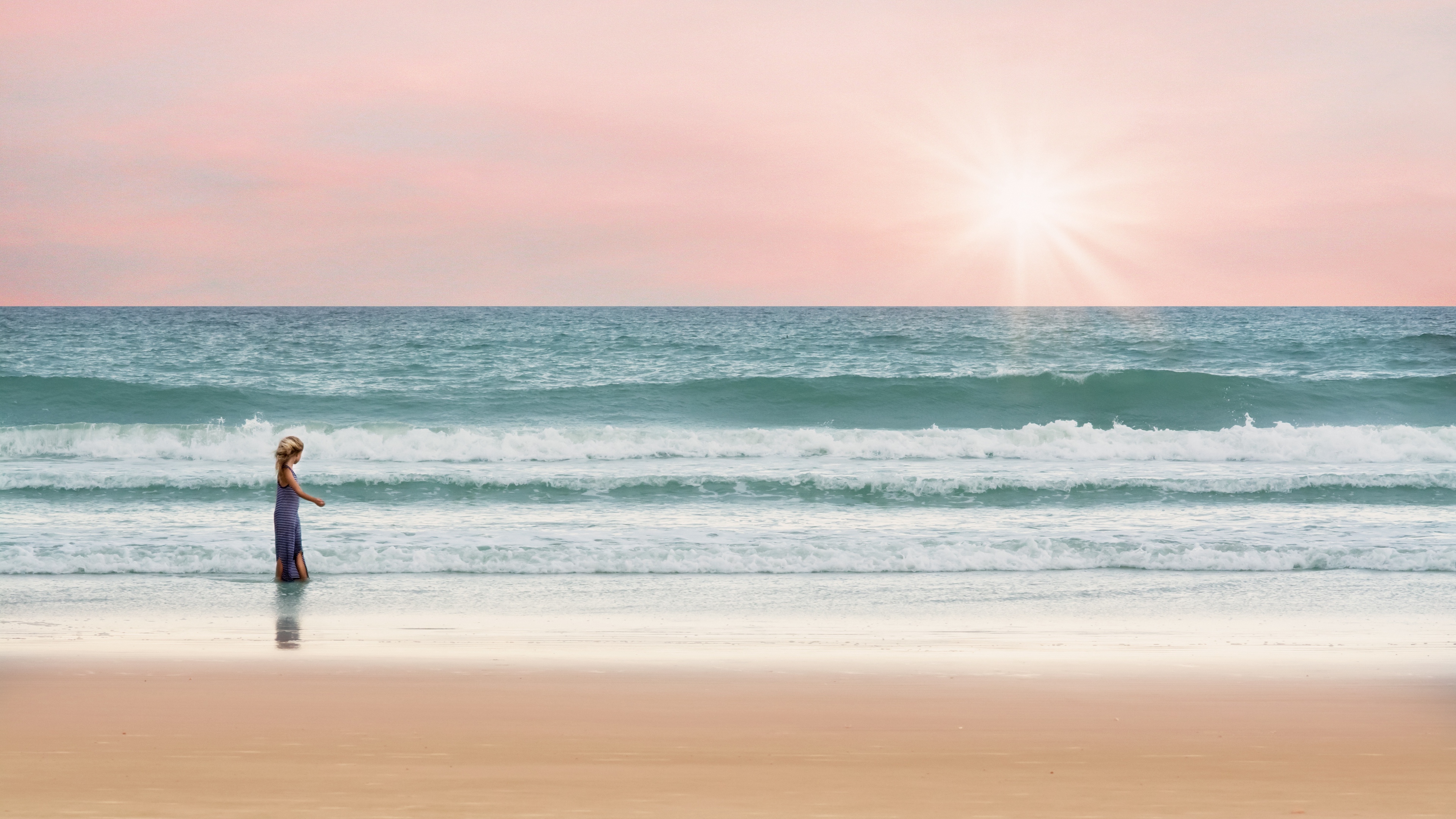 ocean child shore surf walk horizon pastel 4k 1541115422