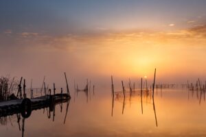 pier sunset lake fishing nets 4k 1541117189