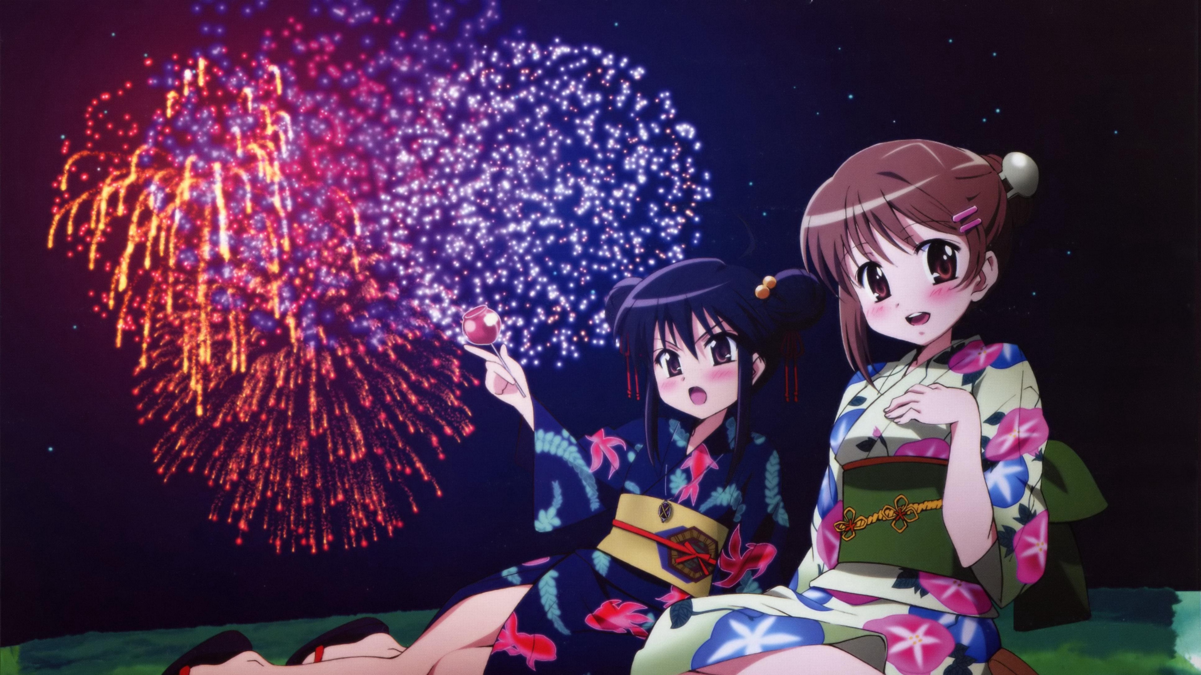 shakugan no shana girls fireworks kimono 4k 1541975605