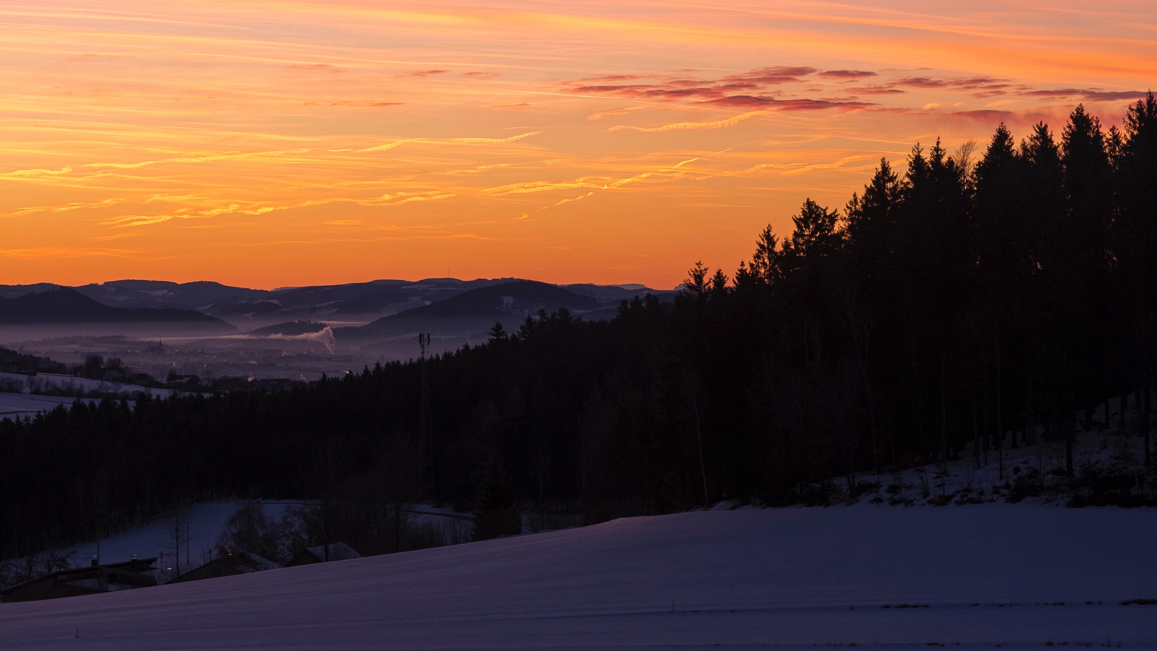 sky trees dawn snow clouds 4k 1541114153