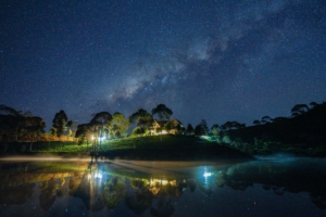 starry sky milky way lake light house 4k 1541115593