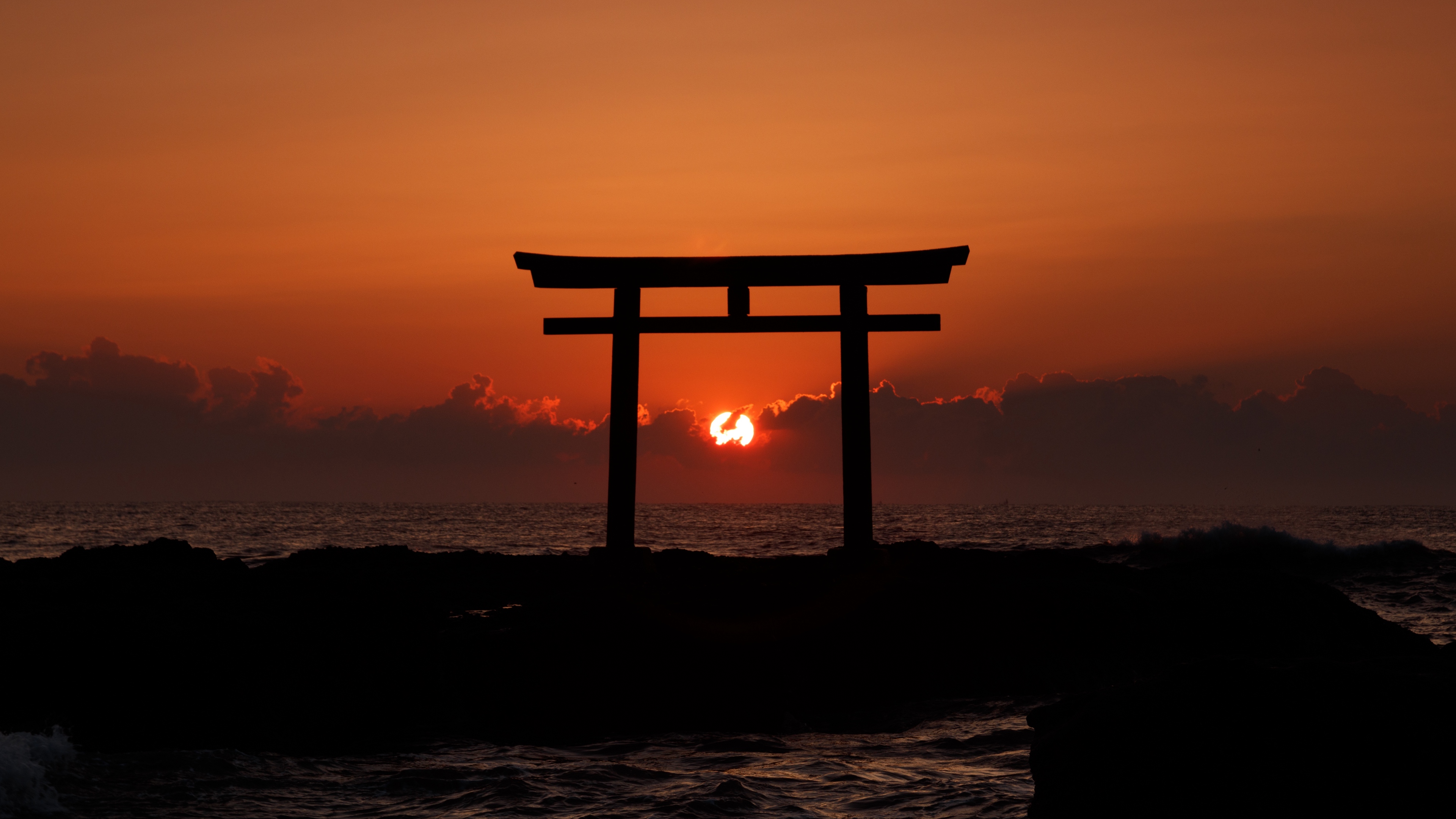 torii, arch, sea, sunset, horizon, sun 4k torii, Sea, Arch
