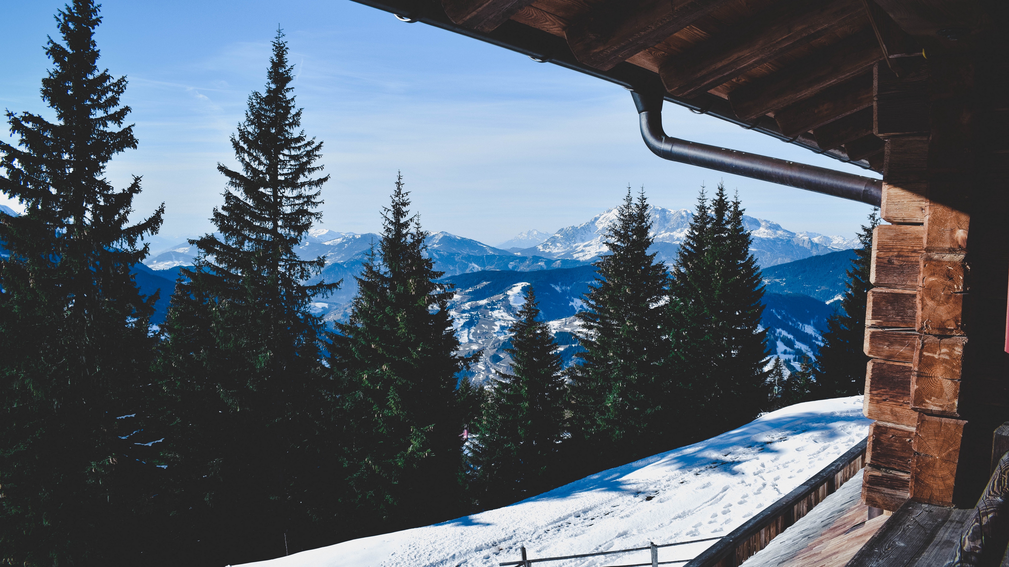 trees winter mountains window 4k 1541116398