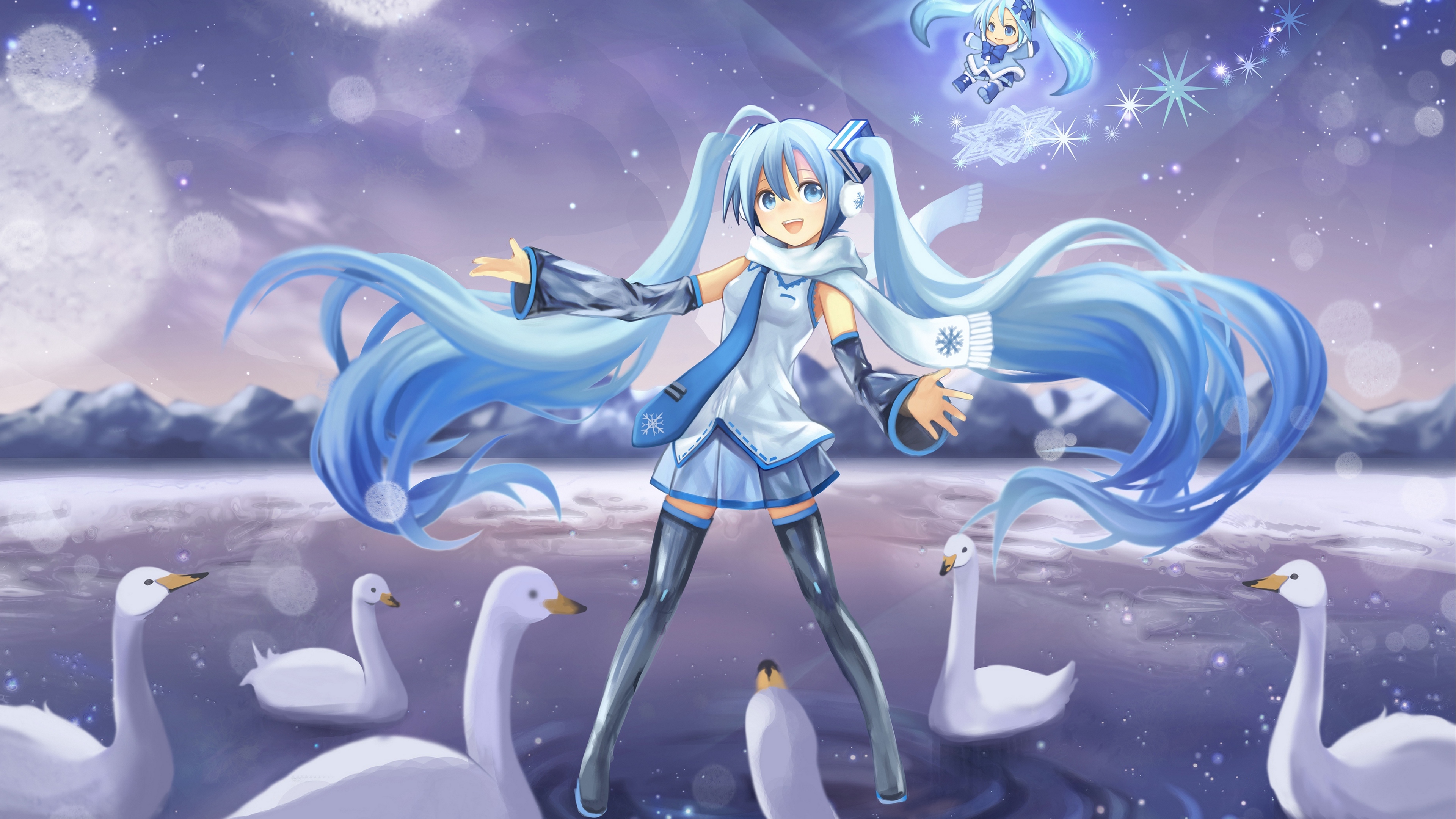 vocaloid yuki miku hair swans 4k 1541975762