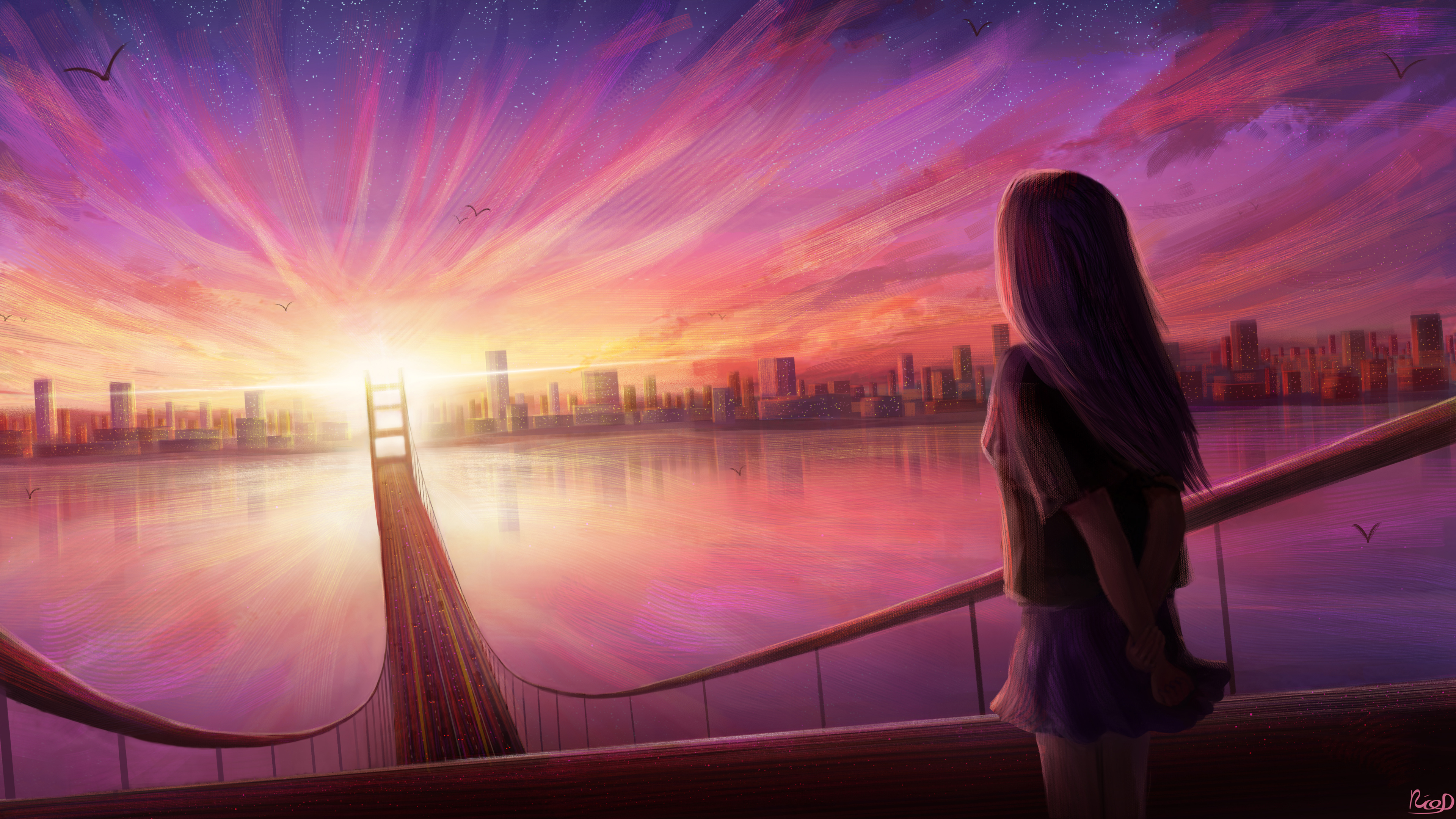 girl bridge cityscape digital art 4k 1551642227