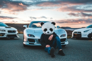 panda helmet guy with cars 4k 1556185172