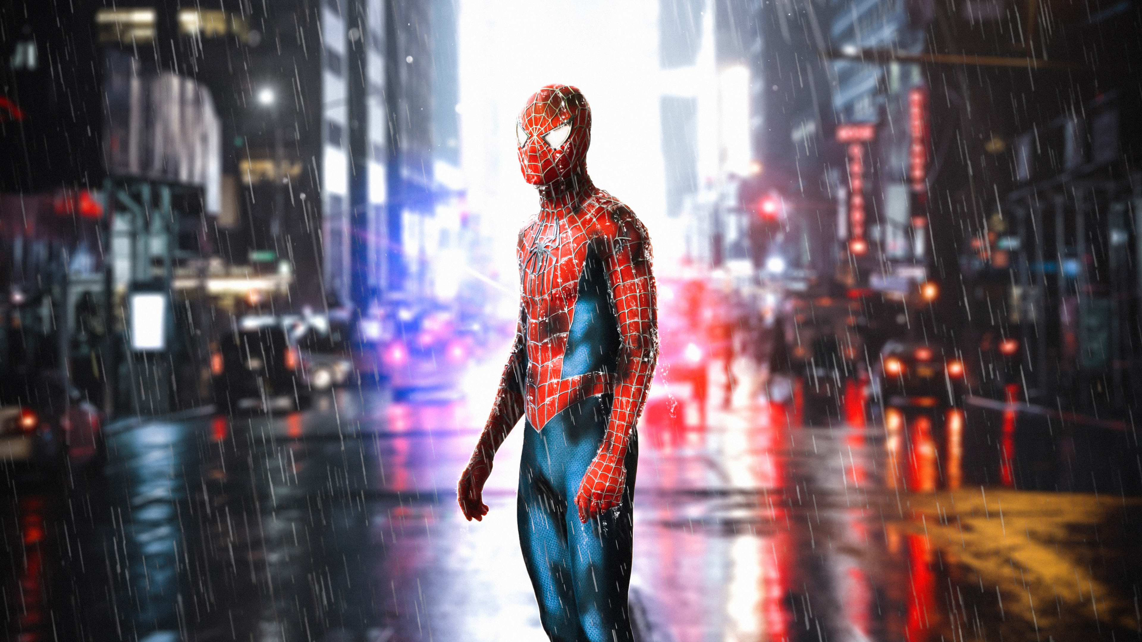 spiderman standing in rain 4k 1555206608