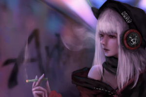 anime girl smoking and listening music 1563222656