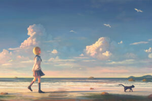 anime girl walking on beach with cat 1563222600